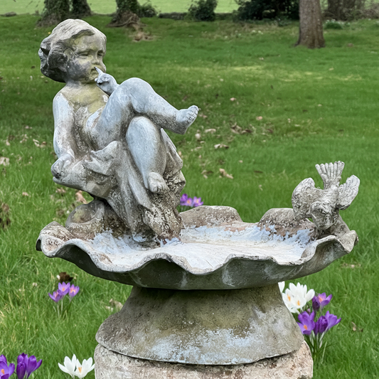 Lead Scallop Shell, Cherub & Bird Birdbath Early 20th Century with Grotto Pedestal