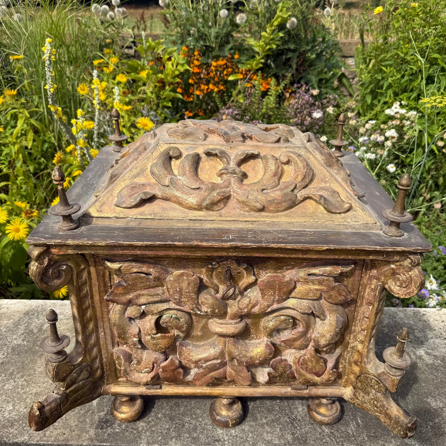 17th Century Italian Baroque Carved, Gilt & Polychrome Sarcophagus Form Reliquary Casket