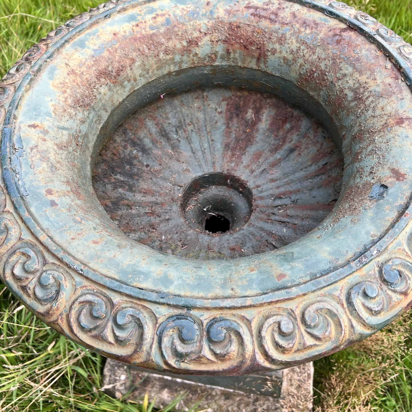 Pair of English Cast Iron Garden Urns with Plinths c.1870