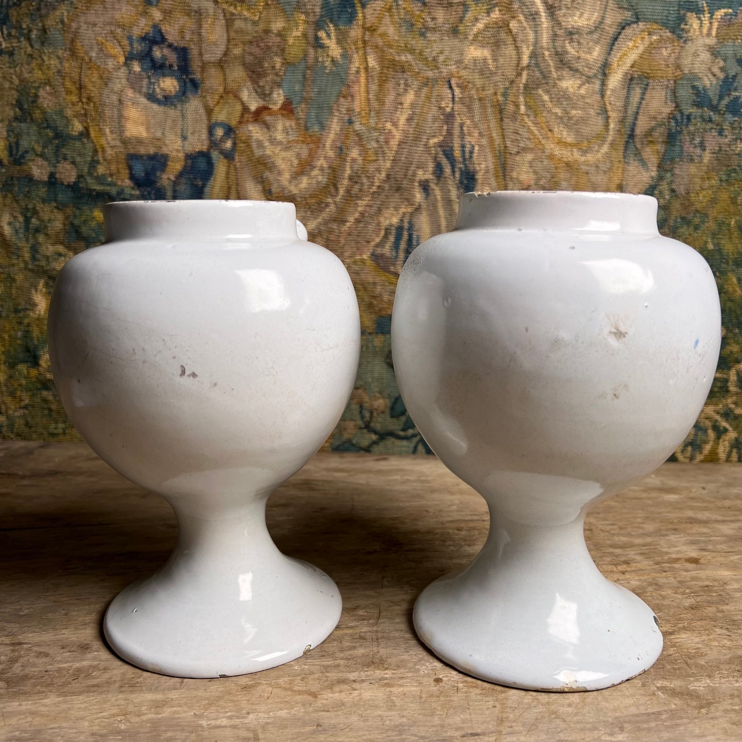 Pair of Dutch Delft Apothecary Syrup Jars, “Oxym. Simpl.” & “S. Rhei”, Mid-18th century (c.1730–1760)