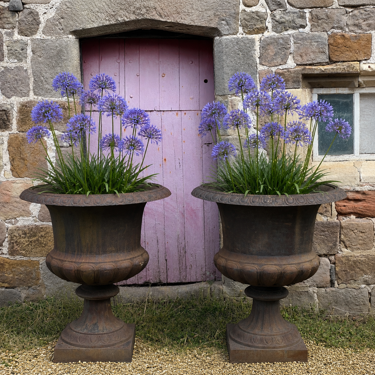 Monumental Pair of Cast Iron Campana Garden Urns, Late 20th Century