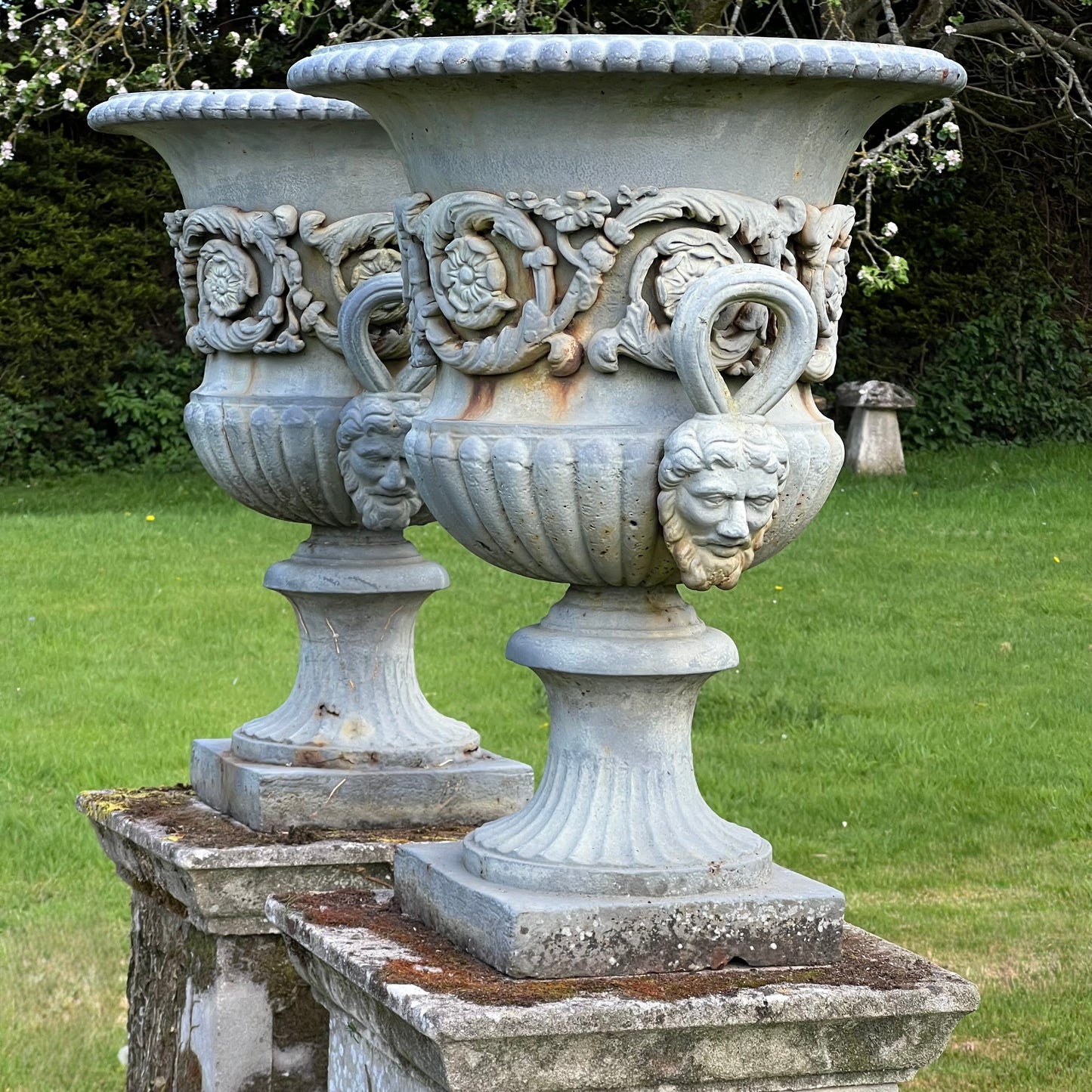 Exceptional Pair of English Campana Cast Iron Urns by Handyside Co. c.1870 with Plinths