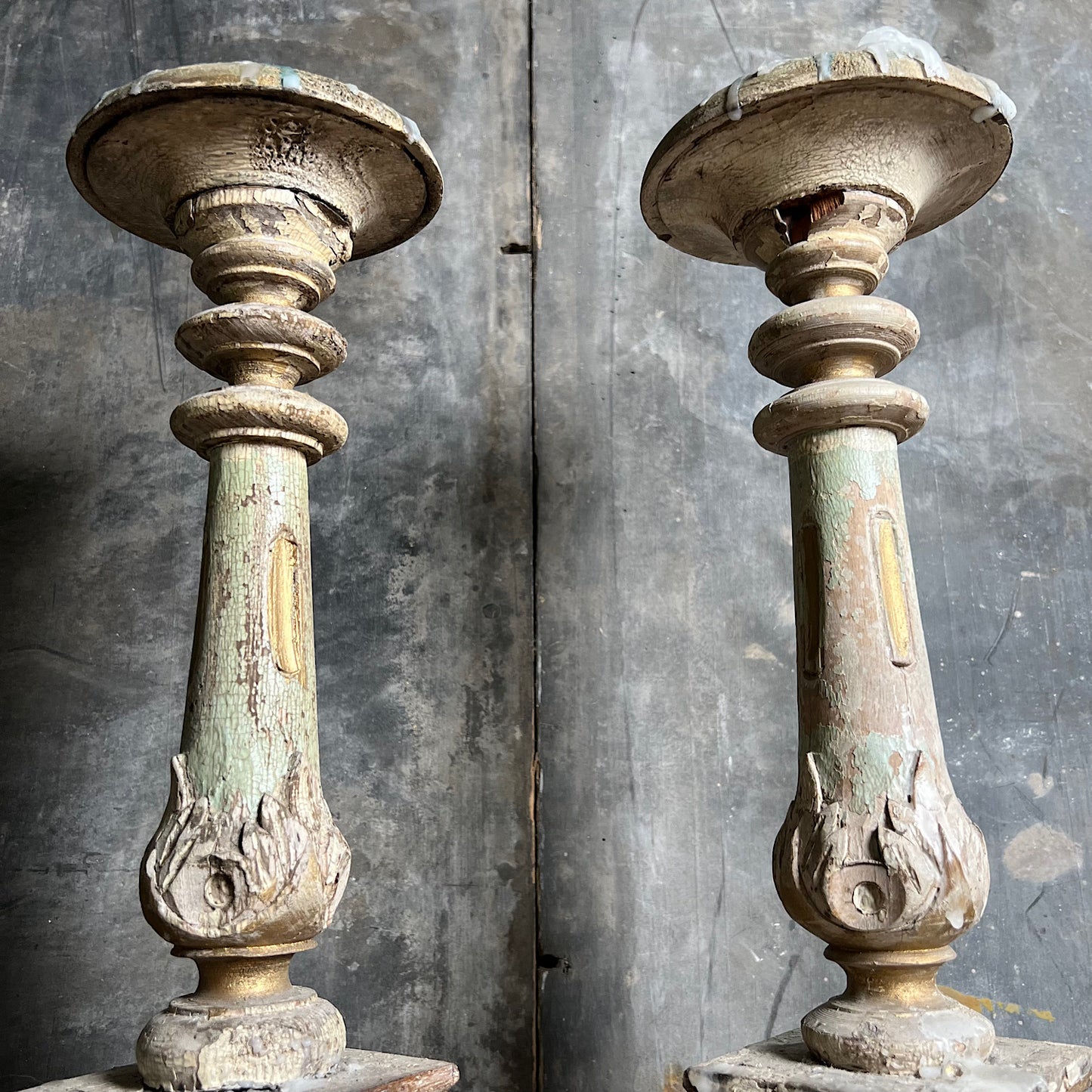 Pair of Swedish Painted Wooden Candlesticks c.1870