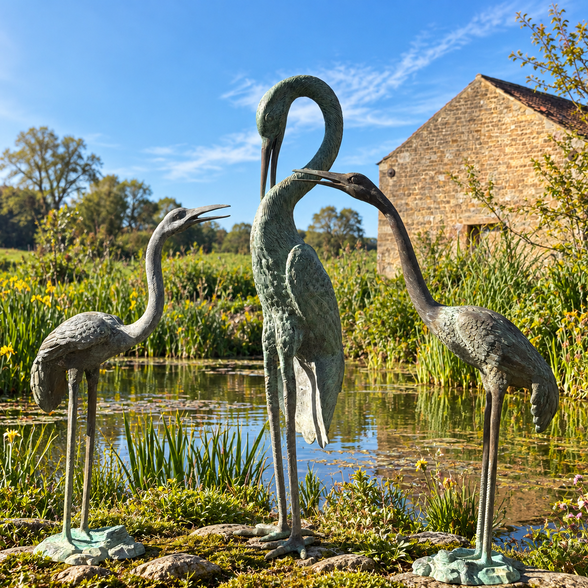 Set of Three Bronze Garden Cranes
