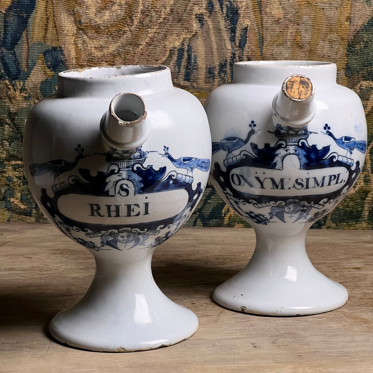 Pair of Dutch Delft Apothecary Syrup Jars, “Oxym. Simpl.” & “S. Rhei”, Mid-18th century (c.1730–1760)