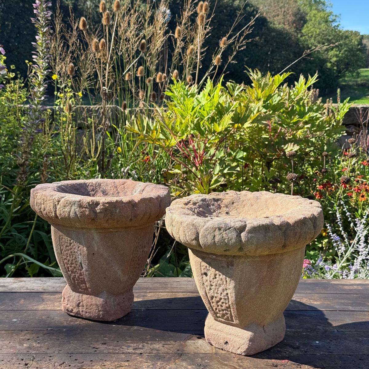 Pair of English Stuart Red Sandstone Urns, c.1680