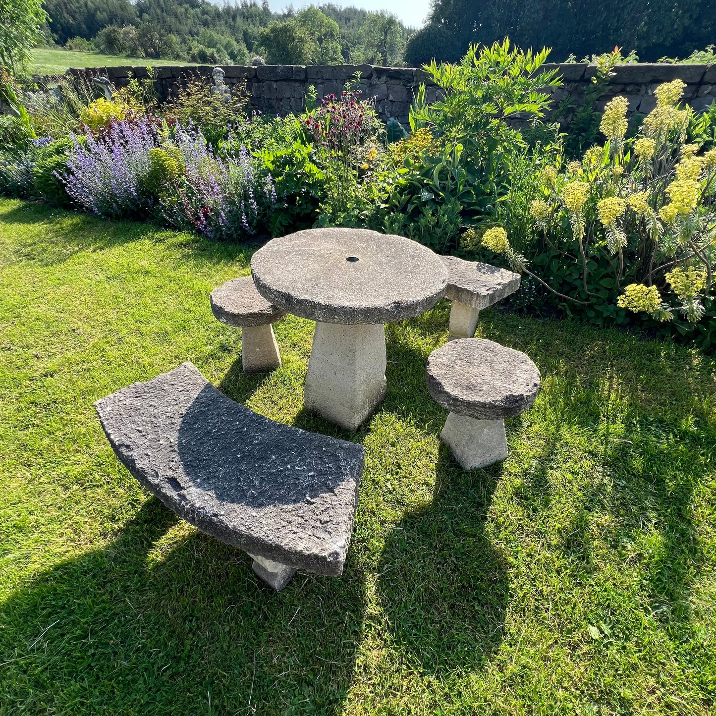 Vintage Composite Stone Garden Table, Bench & Stool Dining Set