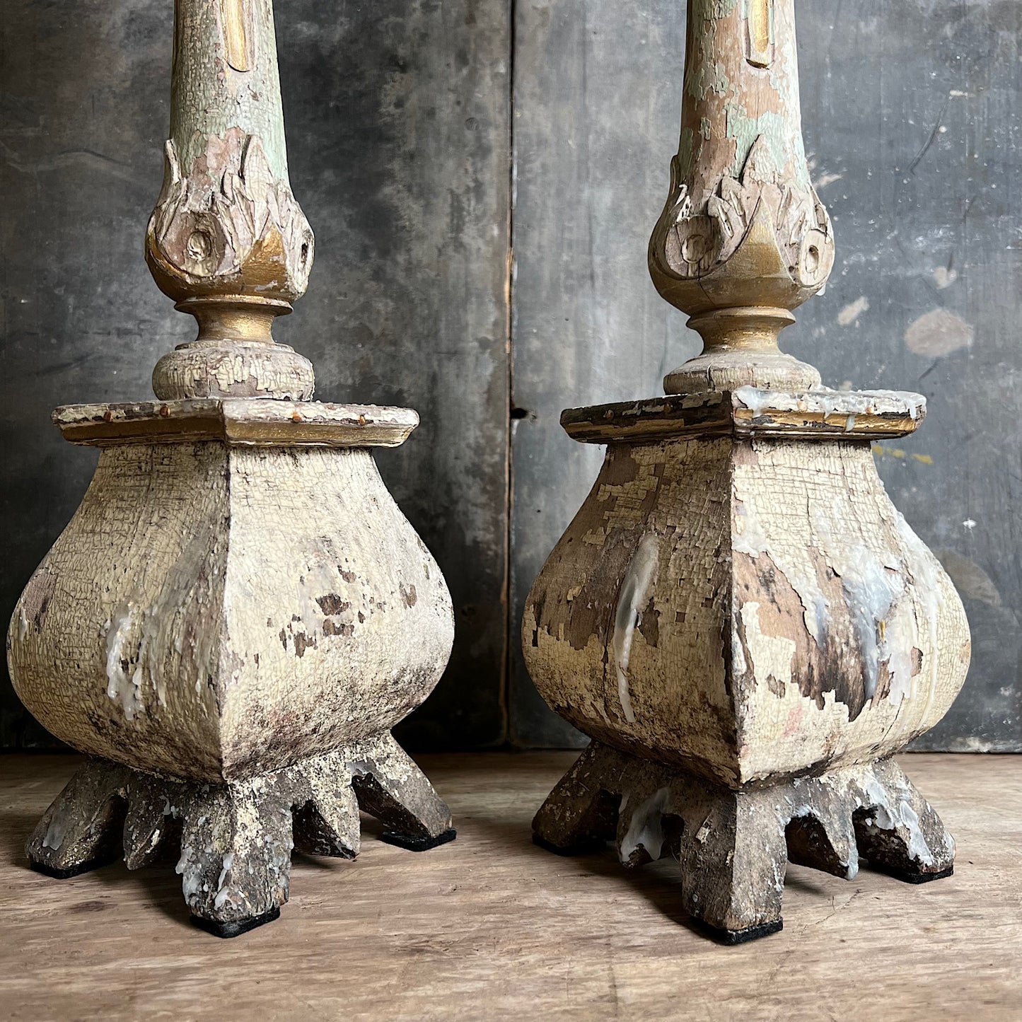 Pair of Swedish Painted Wooden Candlesticks c.1870