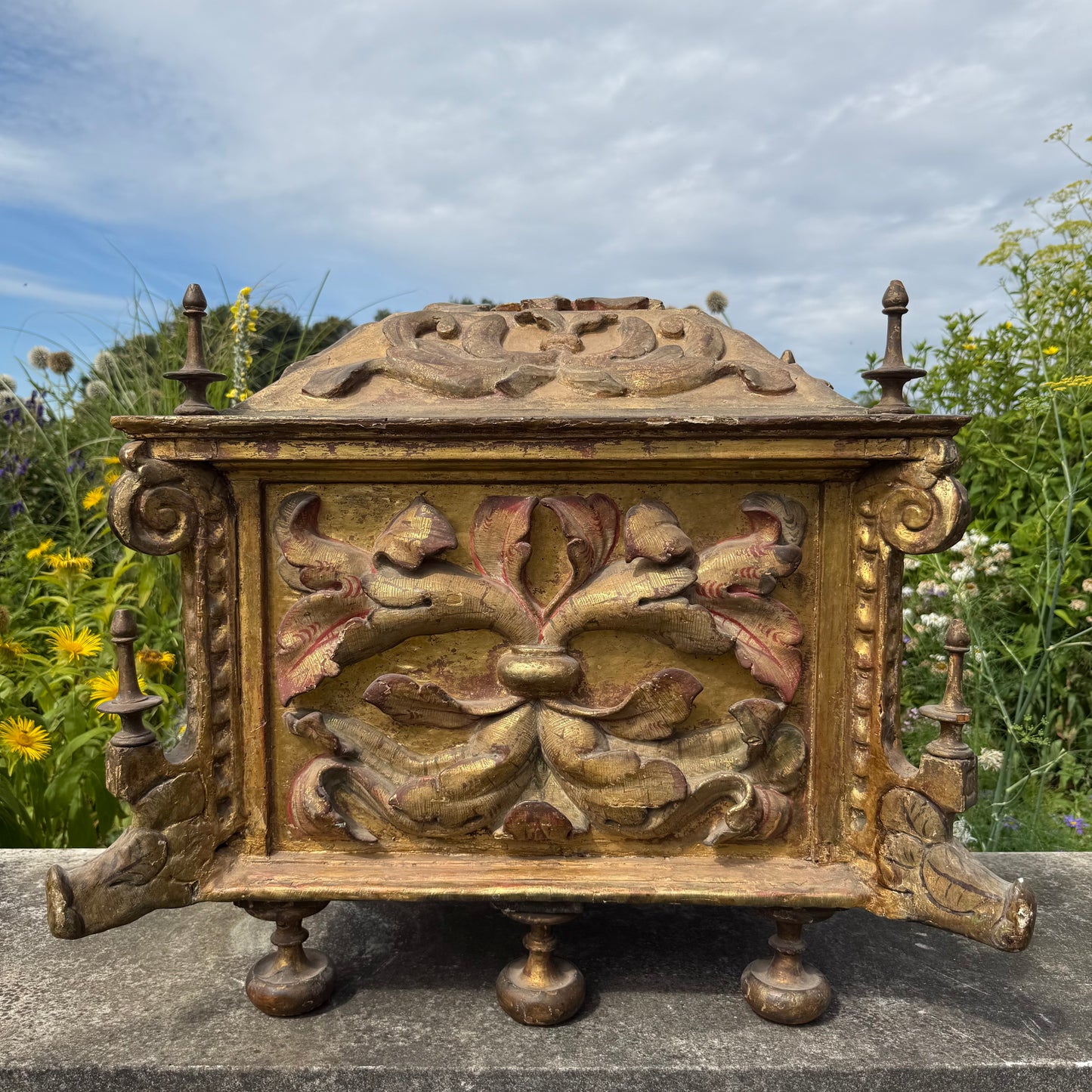 17th Century Italian Baroque Carved, Gilt & Polychrome Sarcophagus Form Reliquary Casket