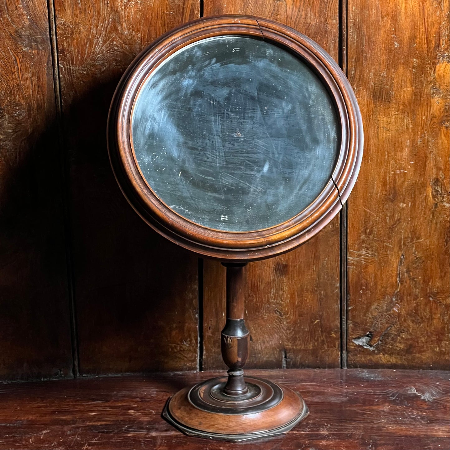 English Victorian Walnut Shaving Mirror with Octagonal Base, c.1850–1865