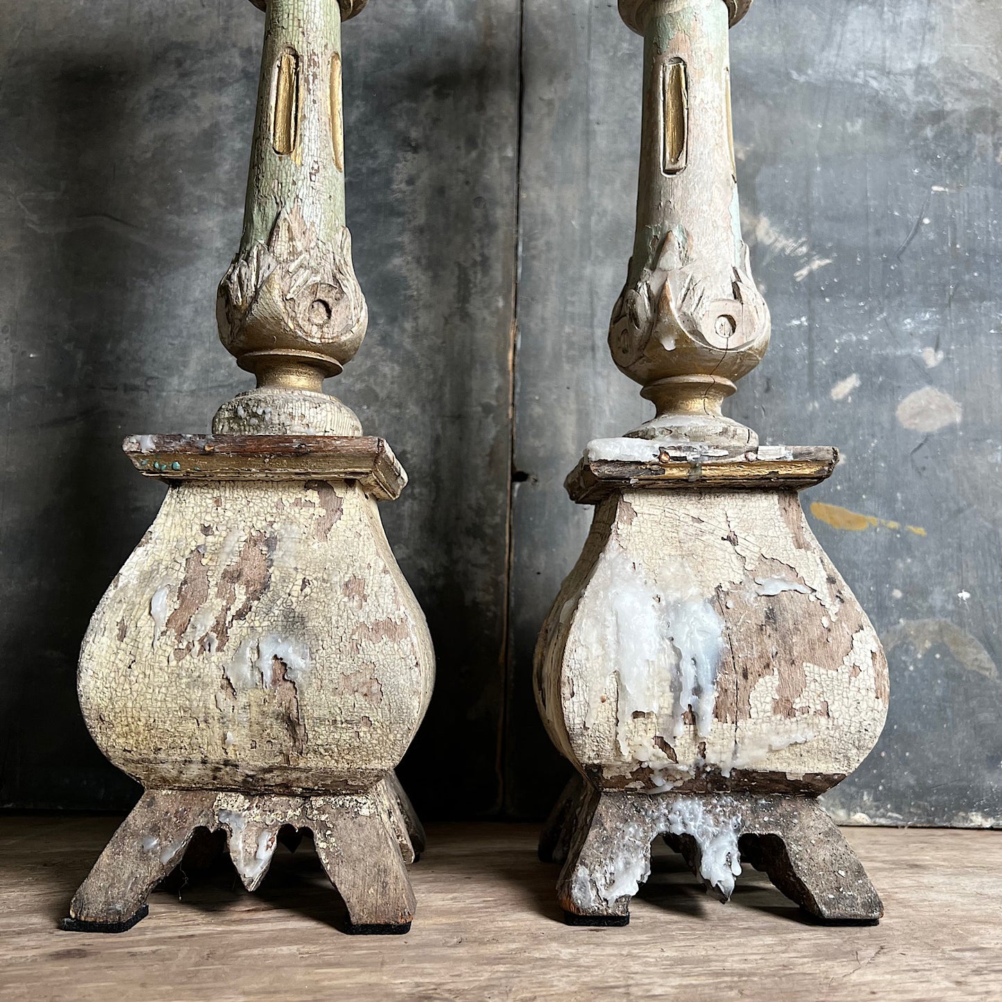 Pair of Swedish Painted Wooden Candlesticks c.1870