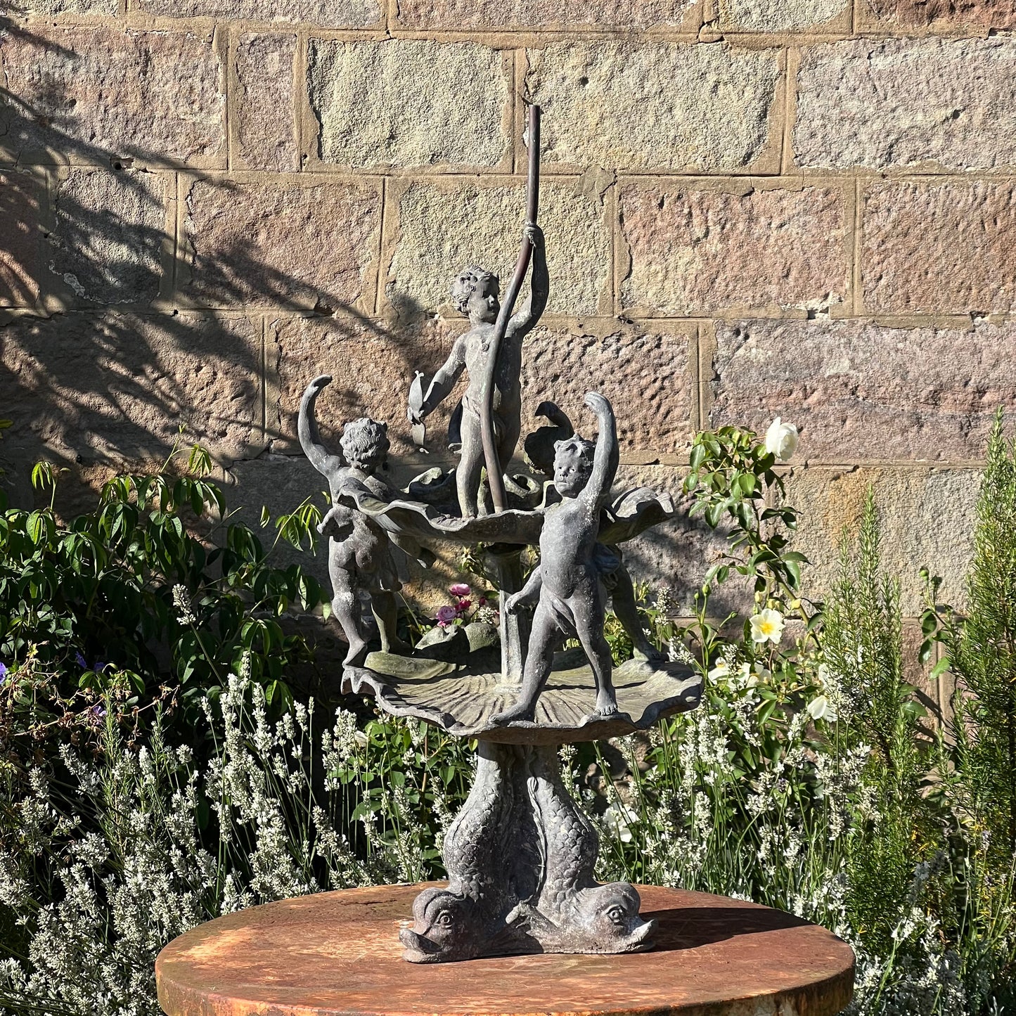 English Lead Garden Fountain with Cherub Figures, c.1920
