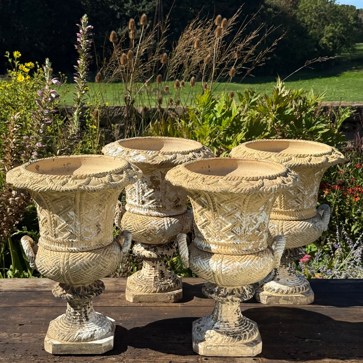 A Set of Four English Buff Terracotta Basket-Weave Garden Urns, c.1860–1880