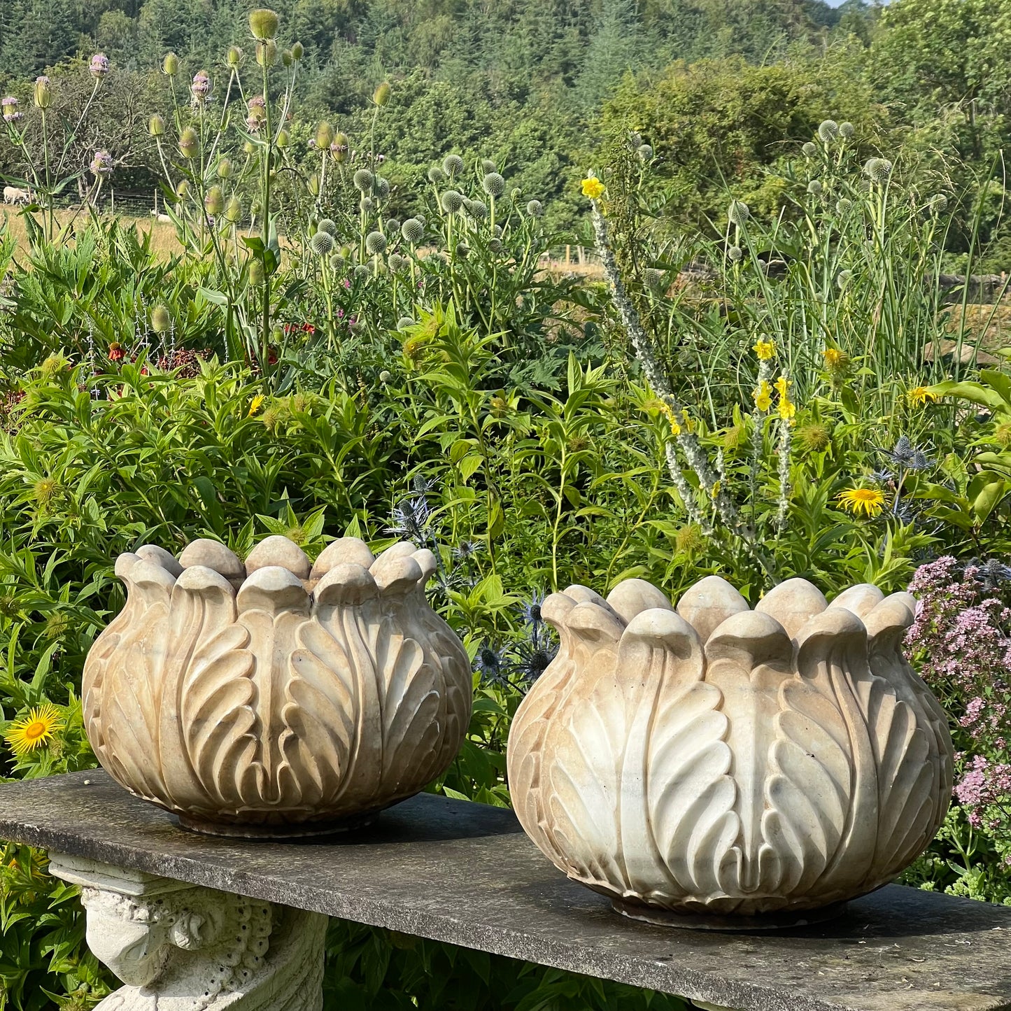 Pair of Italian Art Deco Carved Marble Lotus Form Planters, c.1930