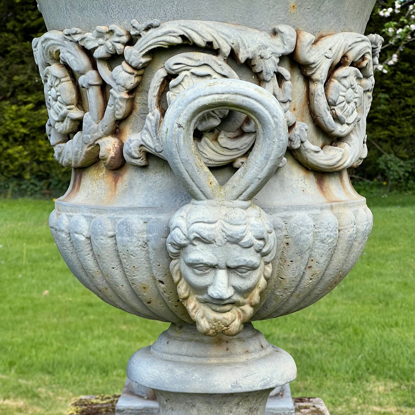 Exceptional Pair of English Campana Cast Iron Urns by Handyside Co. c.1870 with Plinths