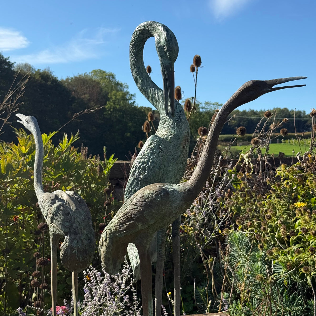 Set of Three Bronze Garden Cranes