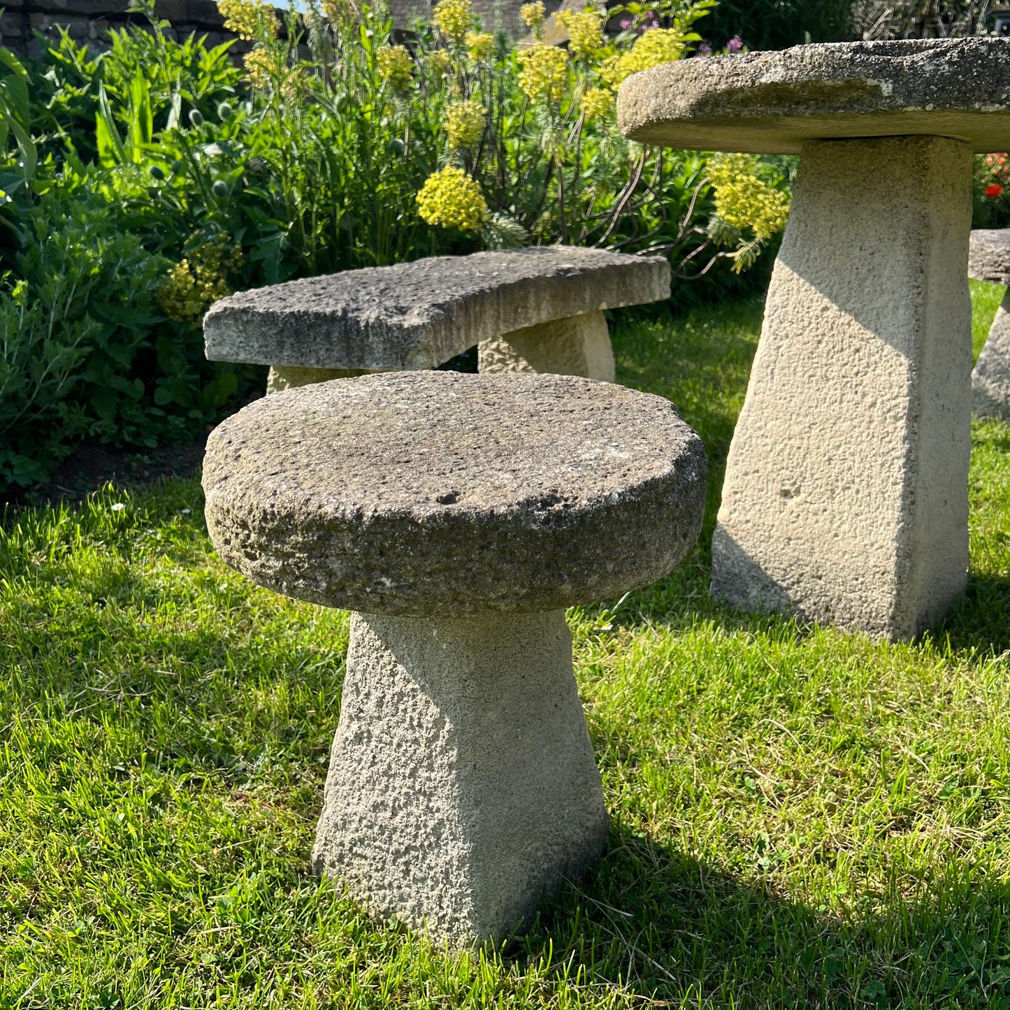 Vintage Composite Stone Garden Table, Bench & Stool Dining Set