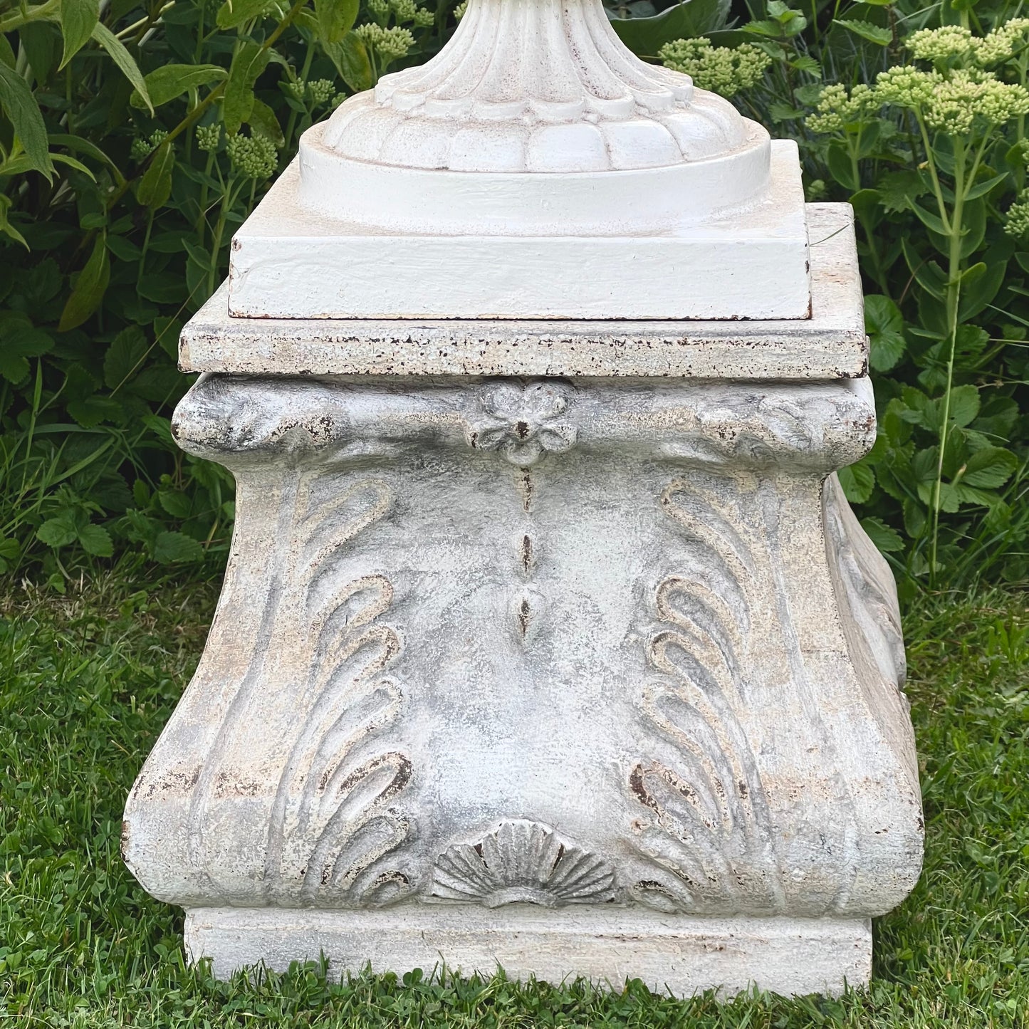 Pair of English Victorian Cast Iron Garden Urns on Ornamented Bases
