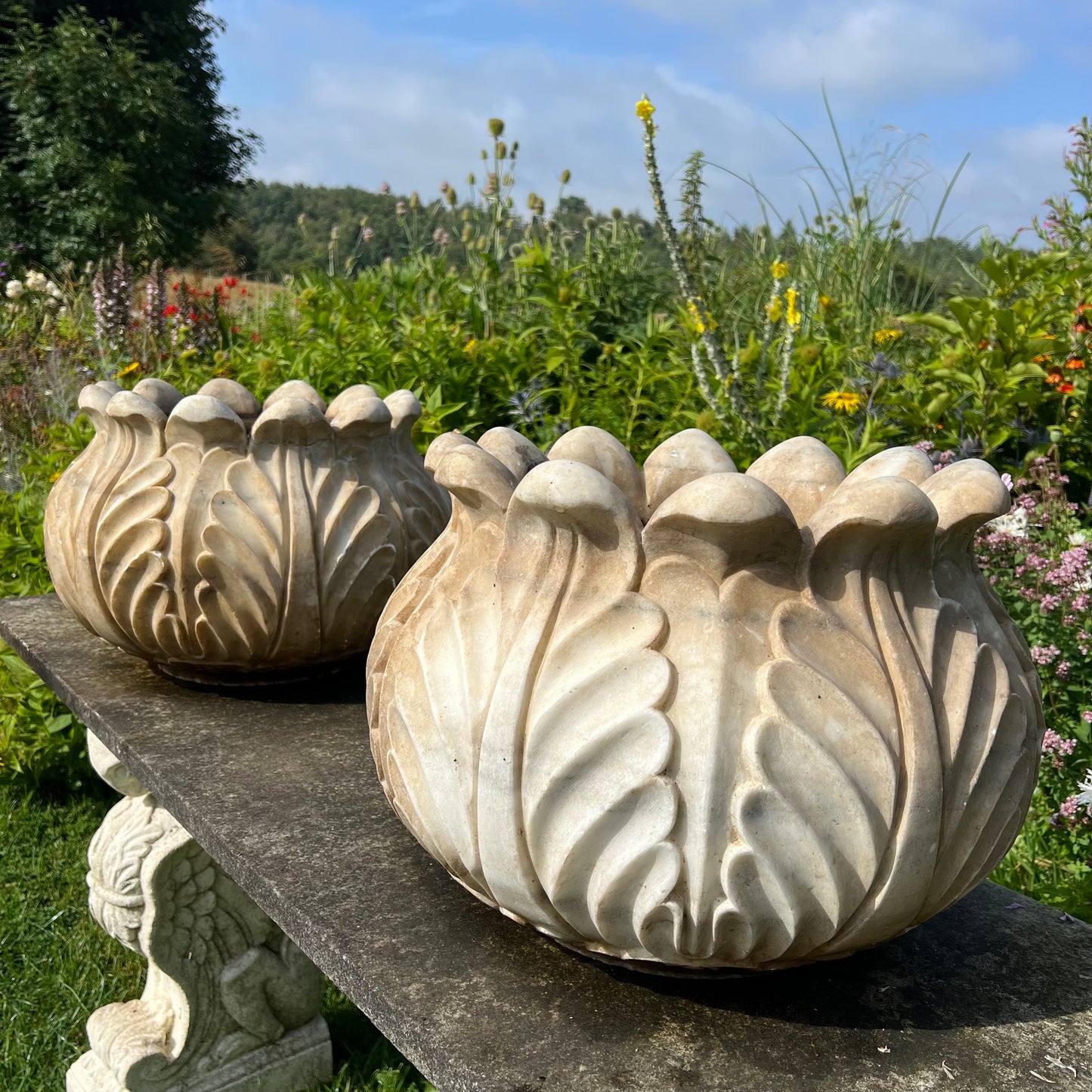 Pair of Italian Art Deco Carved Marble Lotus Form Planters, c.1930