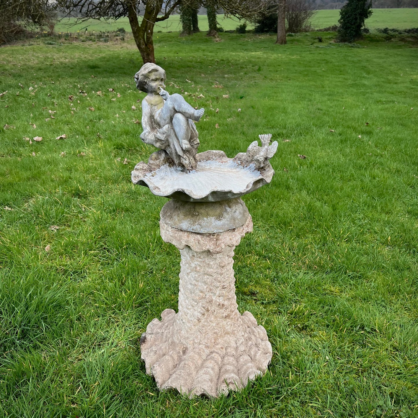 Lead Scallop Shell, Cherub & Bird Birdbath Early 20th Century with Grotto Pedestal