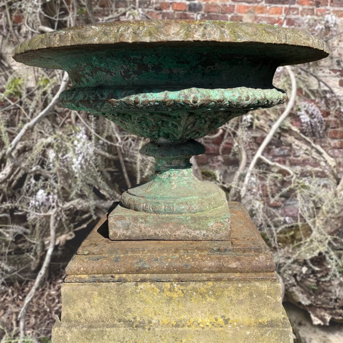 Pair of French Cast Iron Tazza Urns on Sandstone Plinths c.1880