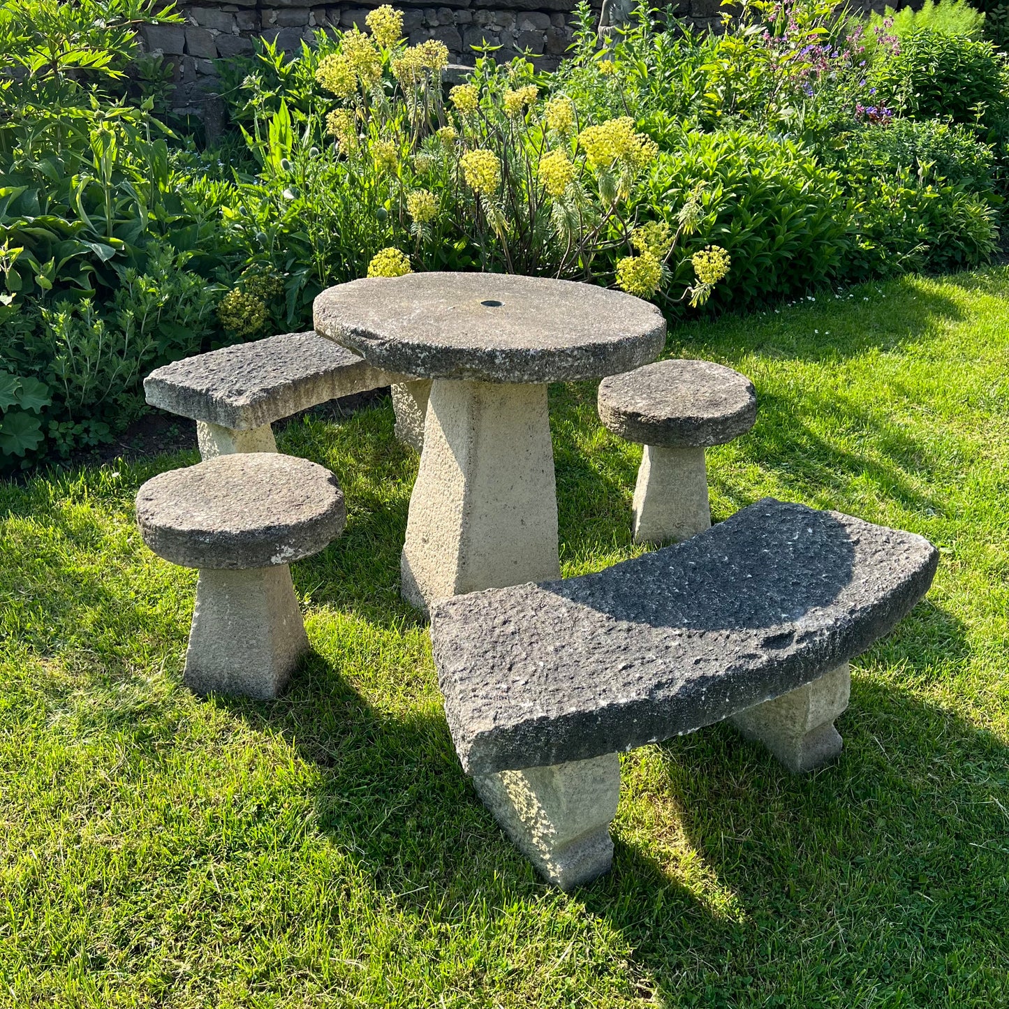 Vintage Composite Stone Garden Table, Bench & Stool Dining Set