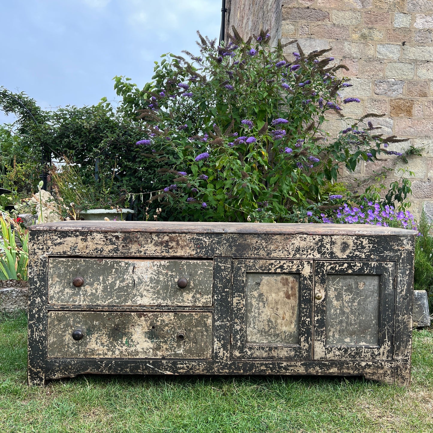 English Georgian Painted Pine Dresser Base from Grantley Hall, c.1760