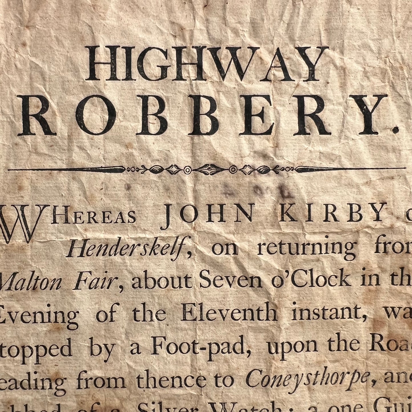 Regency “Highway Robbery” Castle Howard ‘Henderskelf’ Broadside Poster d.1809