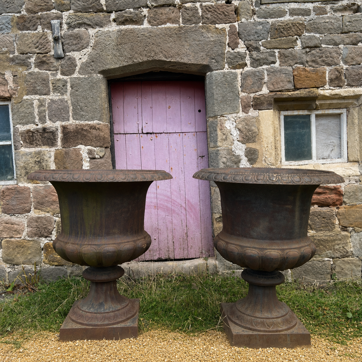 Monumental Pair of Cast Iron Campana Garden Urns, Late 20th Century