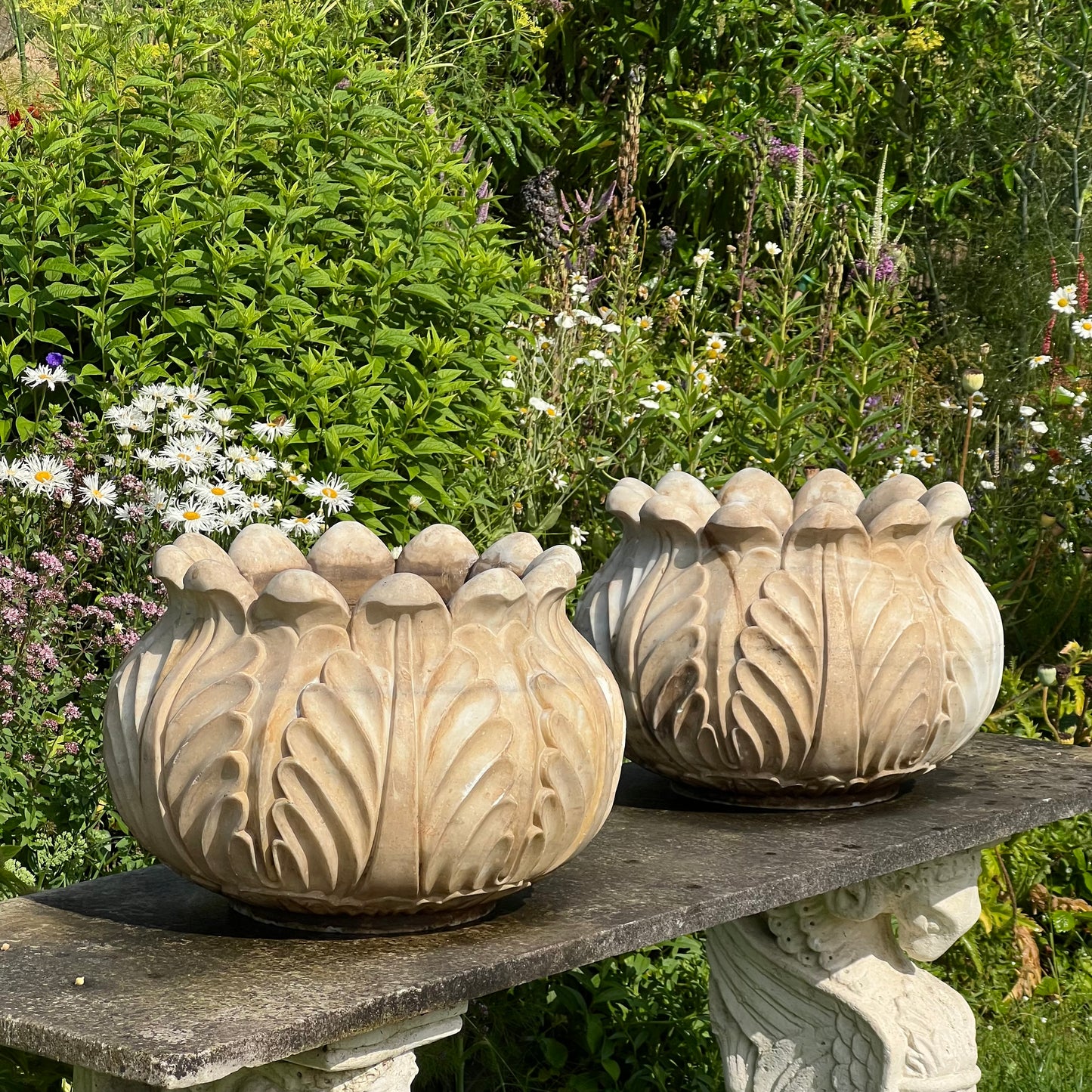 Pair of Italian Art Deco Carved Marble Lotus Form Planters, c.1930