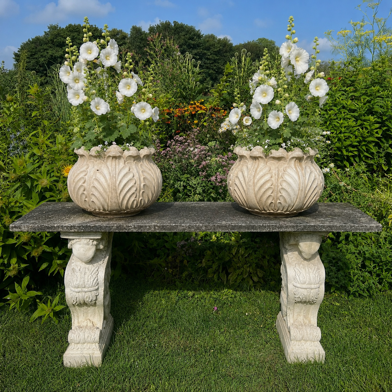 Pair of Italian Art Deco Carved Marble Lotus Form Planters, c.1930