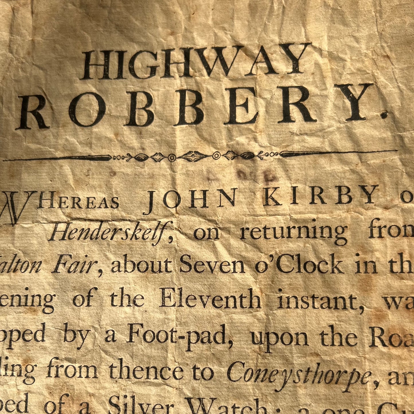 Regency “Highway Robbery” Castle Howard ‘Henderskelf’ Broadside Poster d.1809