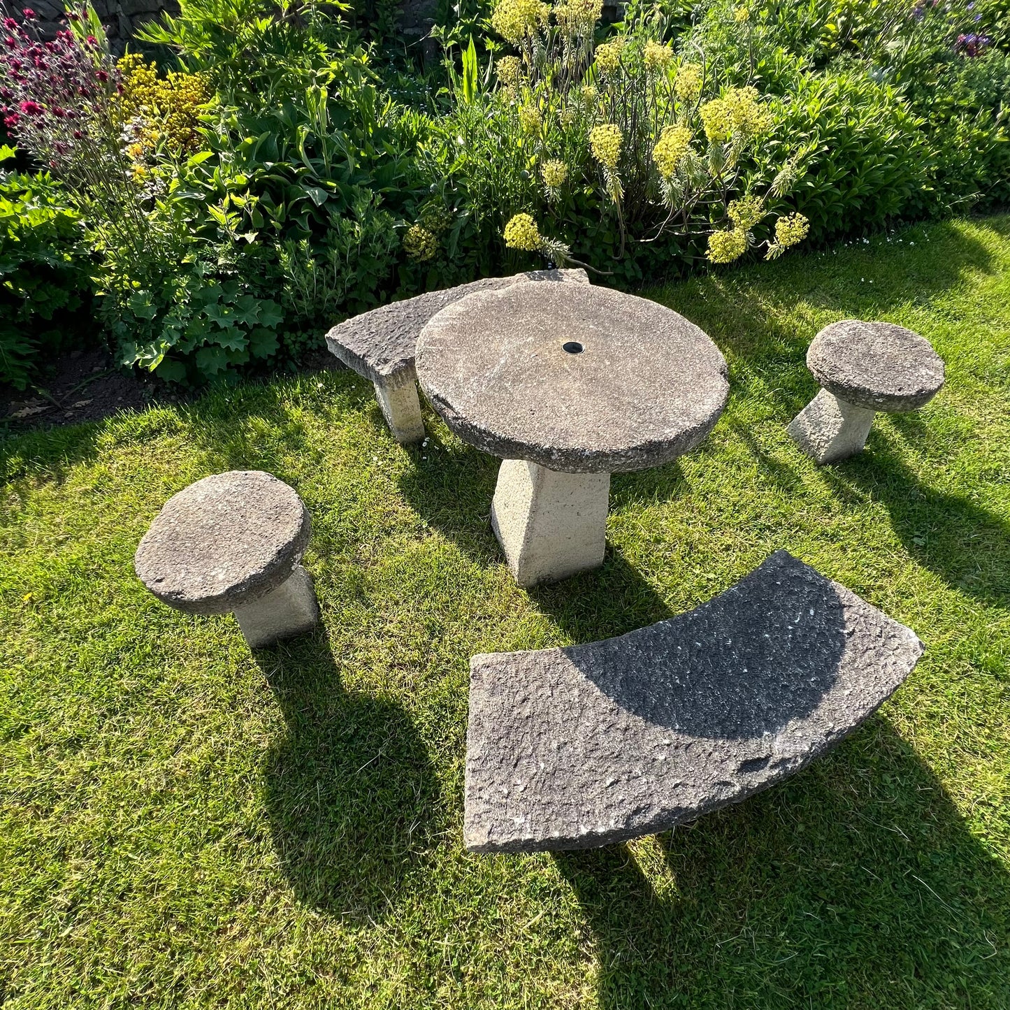 Vintage Composite Stone Garden Table, Bench & Stool Dining Set