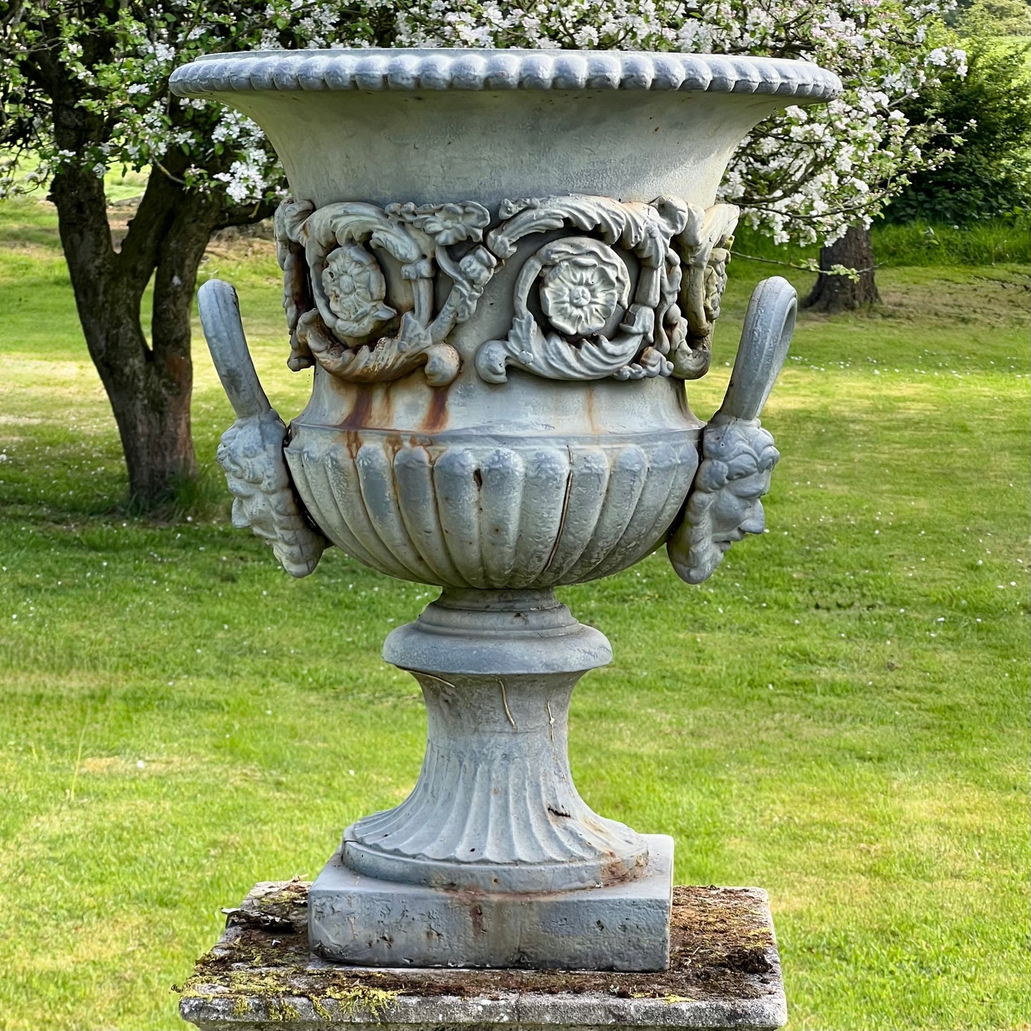 Exceptional Pair of English Campana Cast Iron Urns by Handyside Co. c.1870 with Plinths