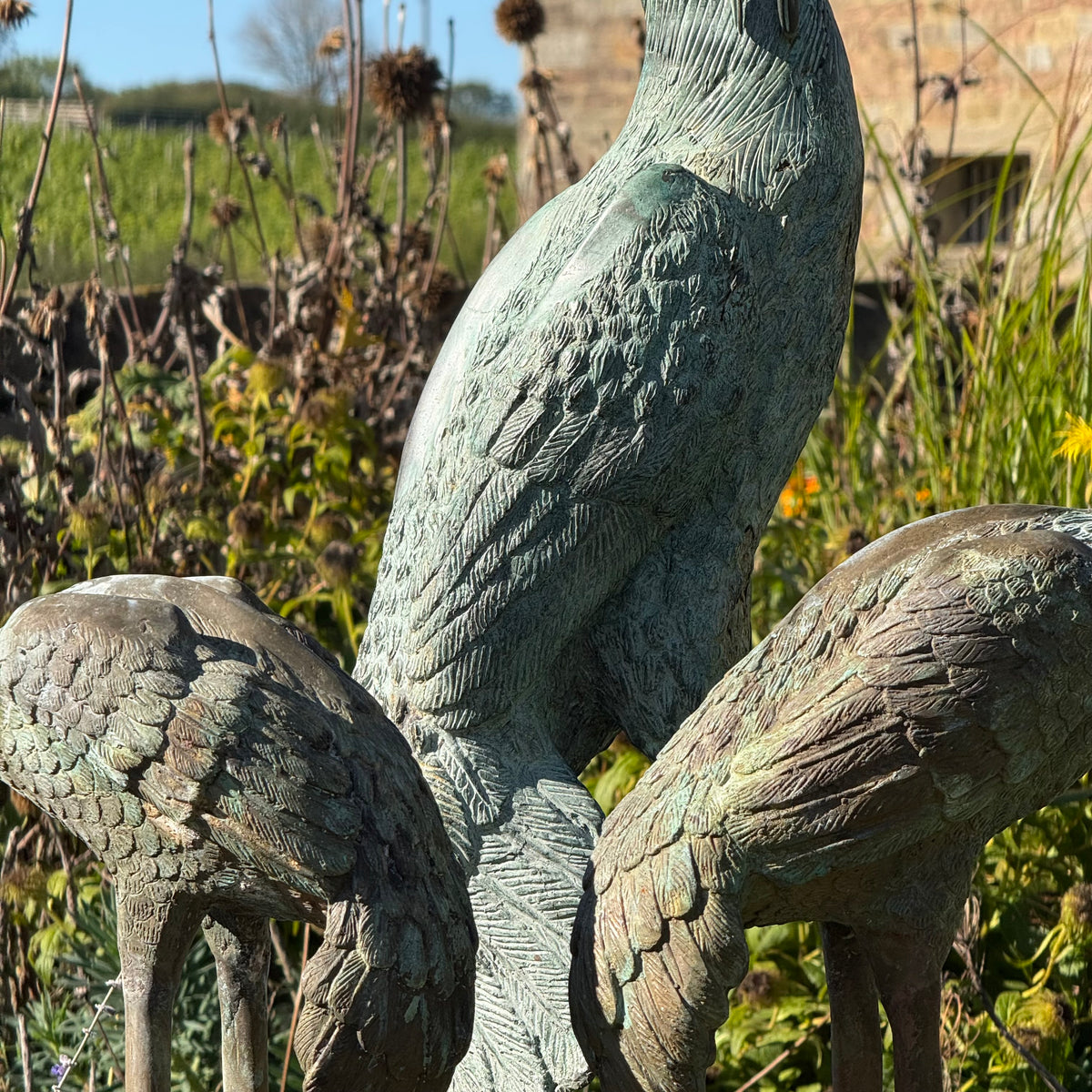 Set of Three Bronze Garden Cranes