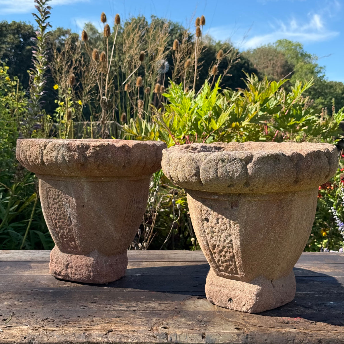 Pair of English Stuart Red Sandstone Urns, c.1680