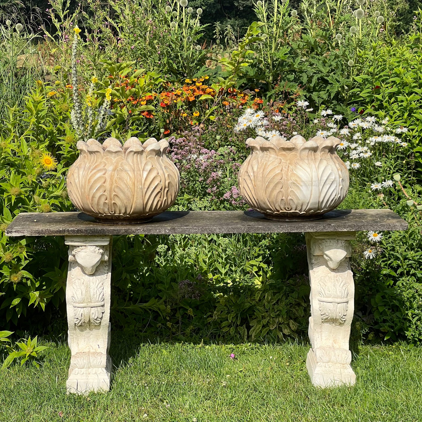 Pair of Italian Art Deco Carved Marble Lotus Form Planters, c.1930