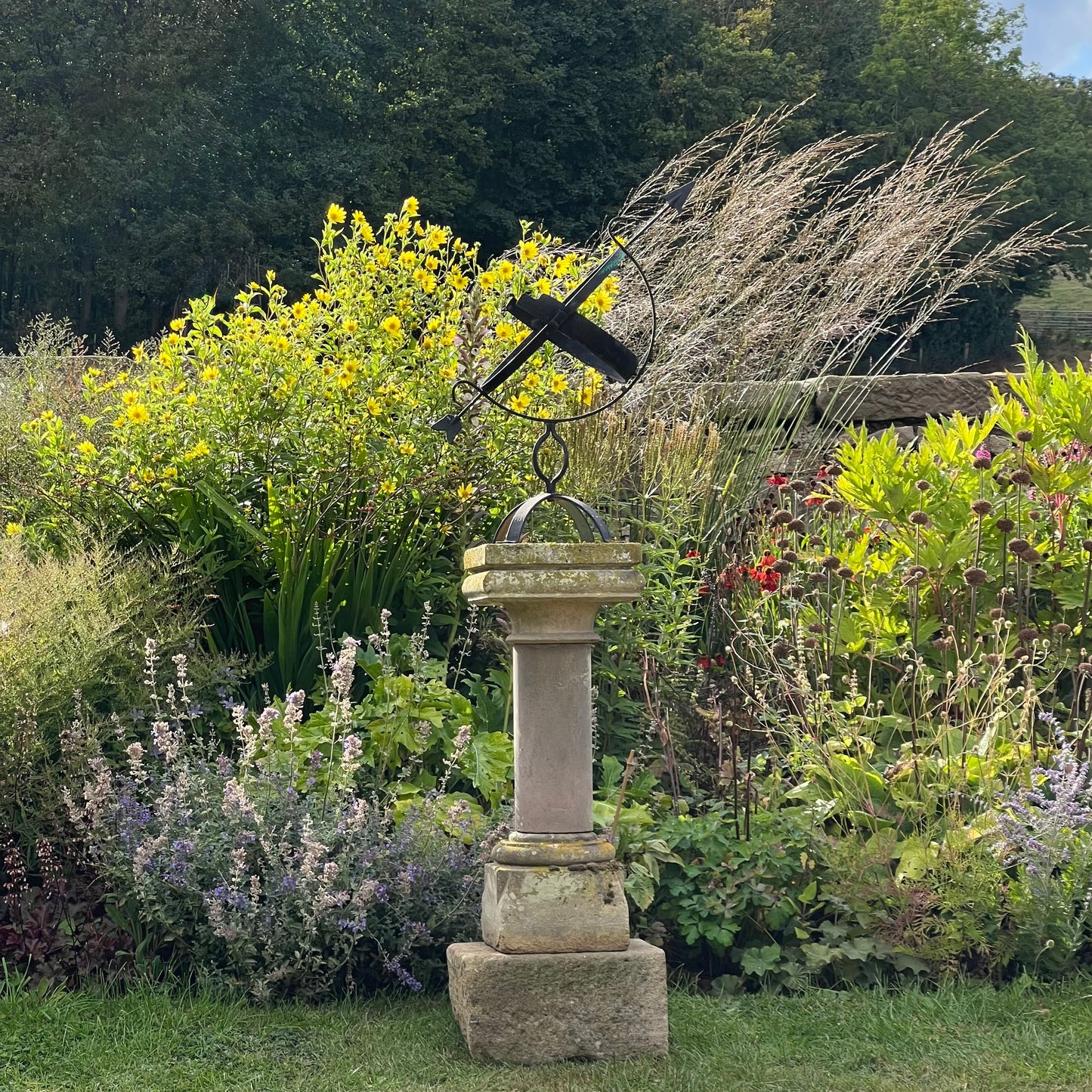 Wrought Iron Armillary Sphere upon English Carved Stone Column