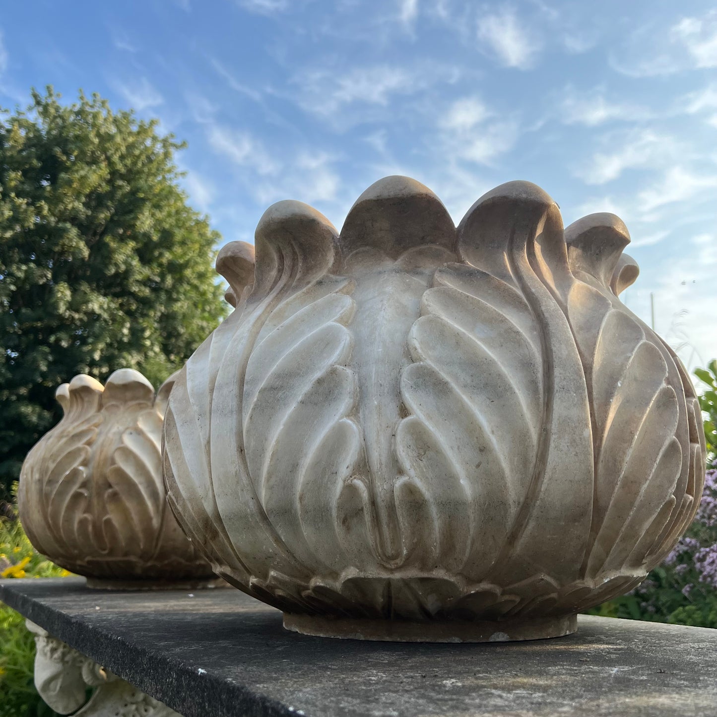 Pair of Italian Art Deco Carved Marble Lotus Form Planters, c.1930