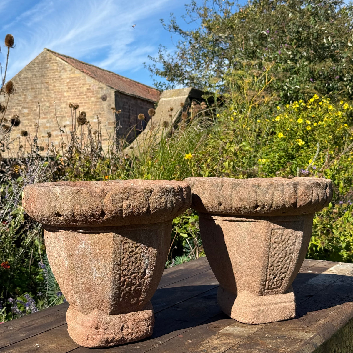 Pair of English Stuart Red Sandstone Urns, c.1680