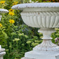 Pair of English Victorian Cast Iron Garden Urns on Ornamented Bases