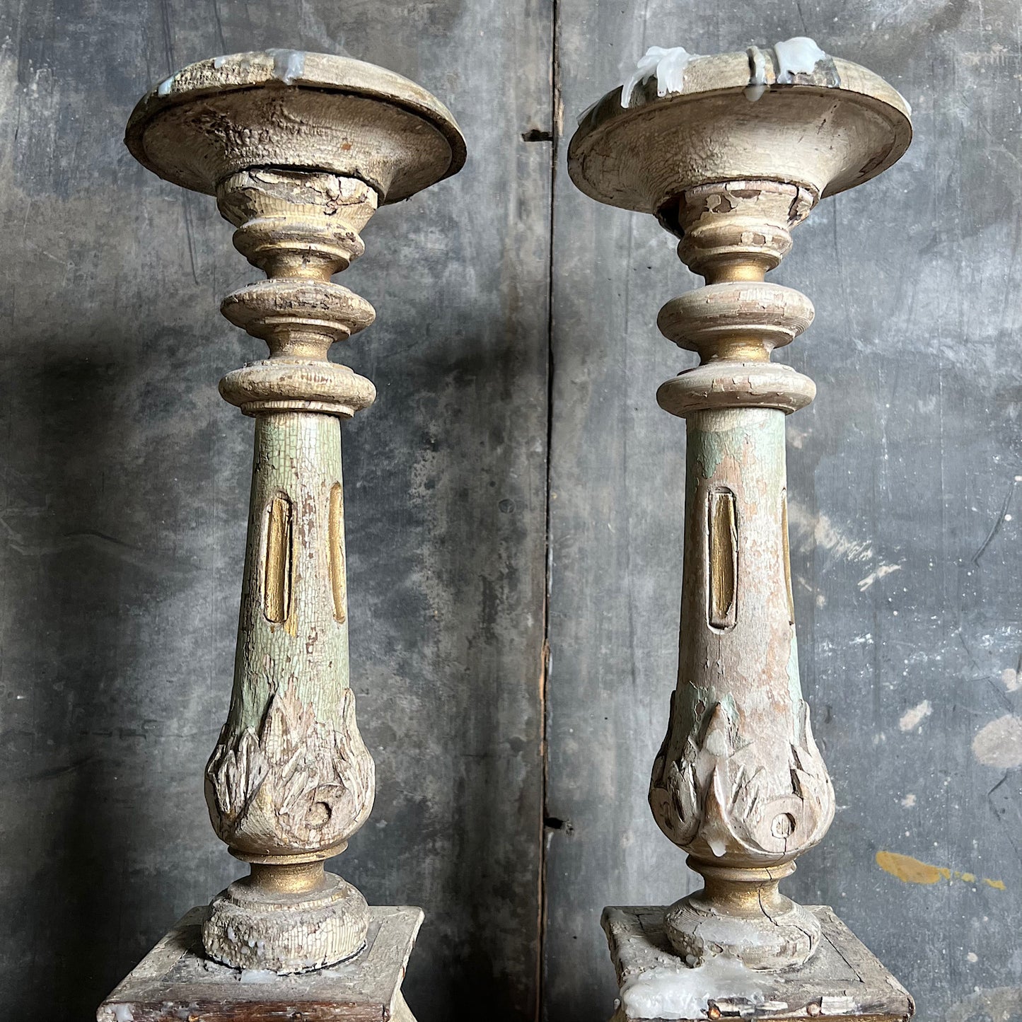 Pair of Swedish Painted Wooden Candlesticks c.1870