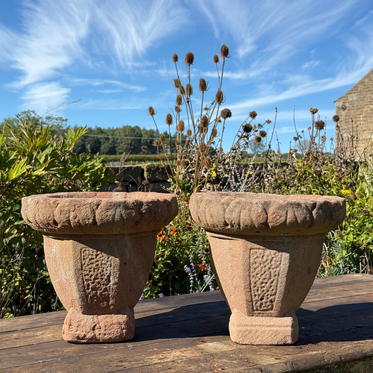 Pair of English Stuart Red Sandstone Urns, c.1680
