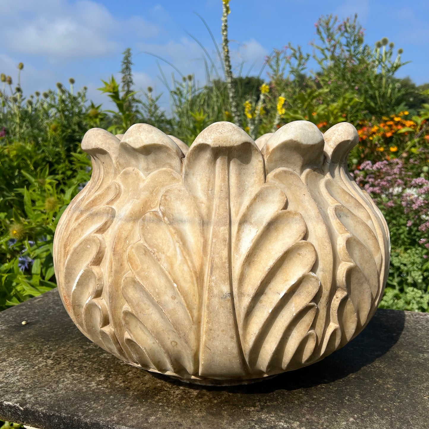 Pair of Italian Art Deco Carved Marble Lotus Form Planters, c.1930
