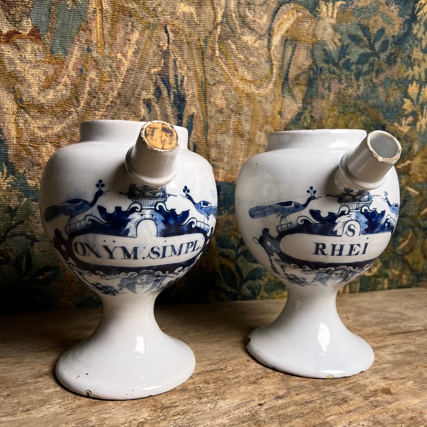 Pair of Dutch Delft Apothecary Syrup Jars, “Oxym. Simpl.” & “S. Rhei”, Mid-18th century (c.1730–1760)