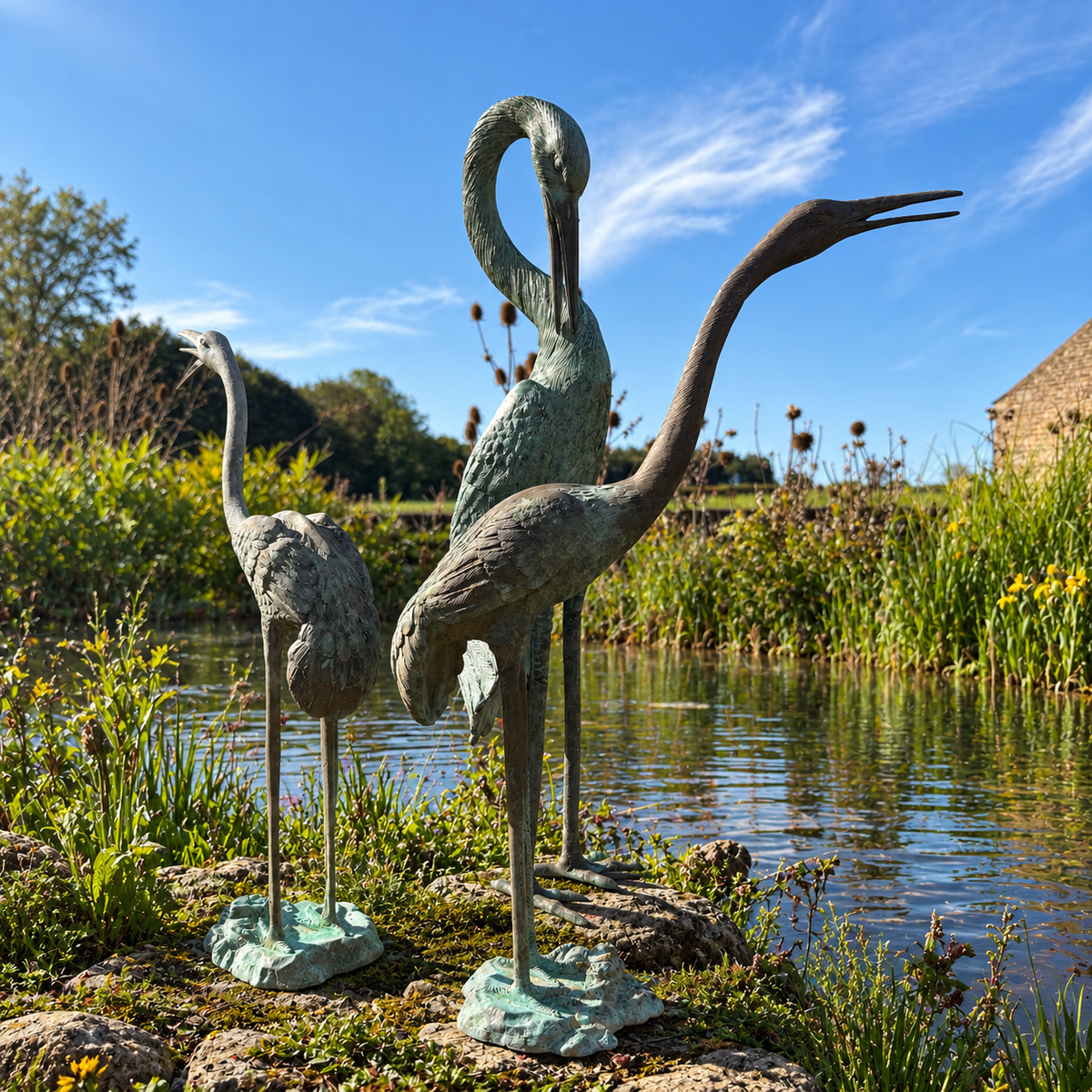 Set of Three Bronze Garden Cranes