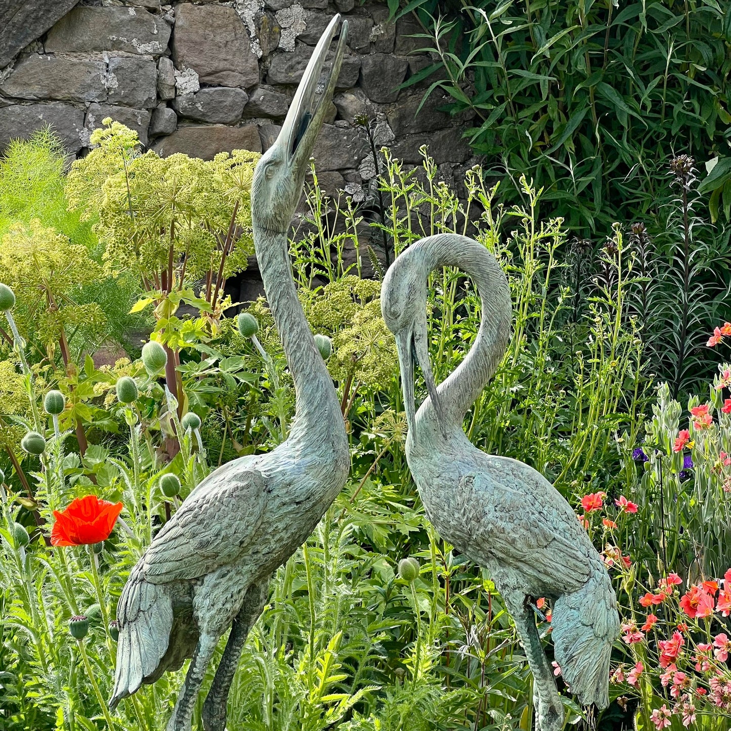 Pair of Meiji Style Bronze Garden Cranes with Fountain Spouts Mid 20th Century