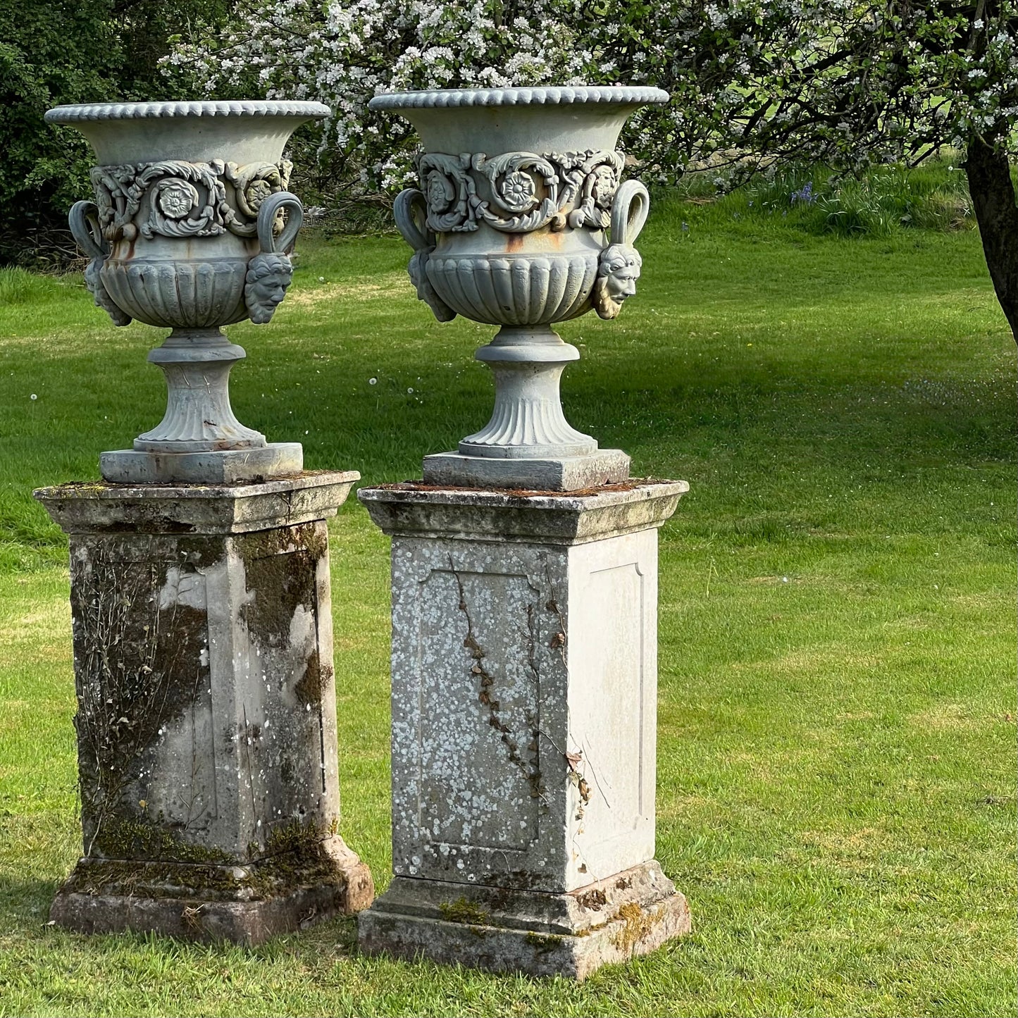 Exceptional Pair of English Campana Cast Iron Urns by Handyside Co. c.1870 with Plinths