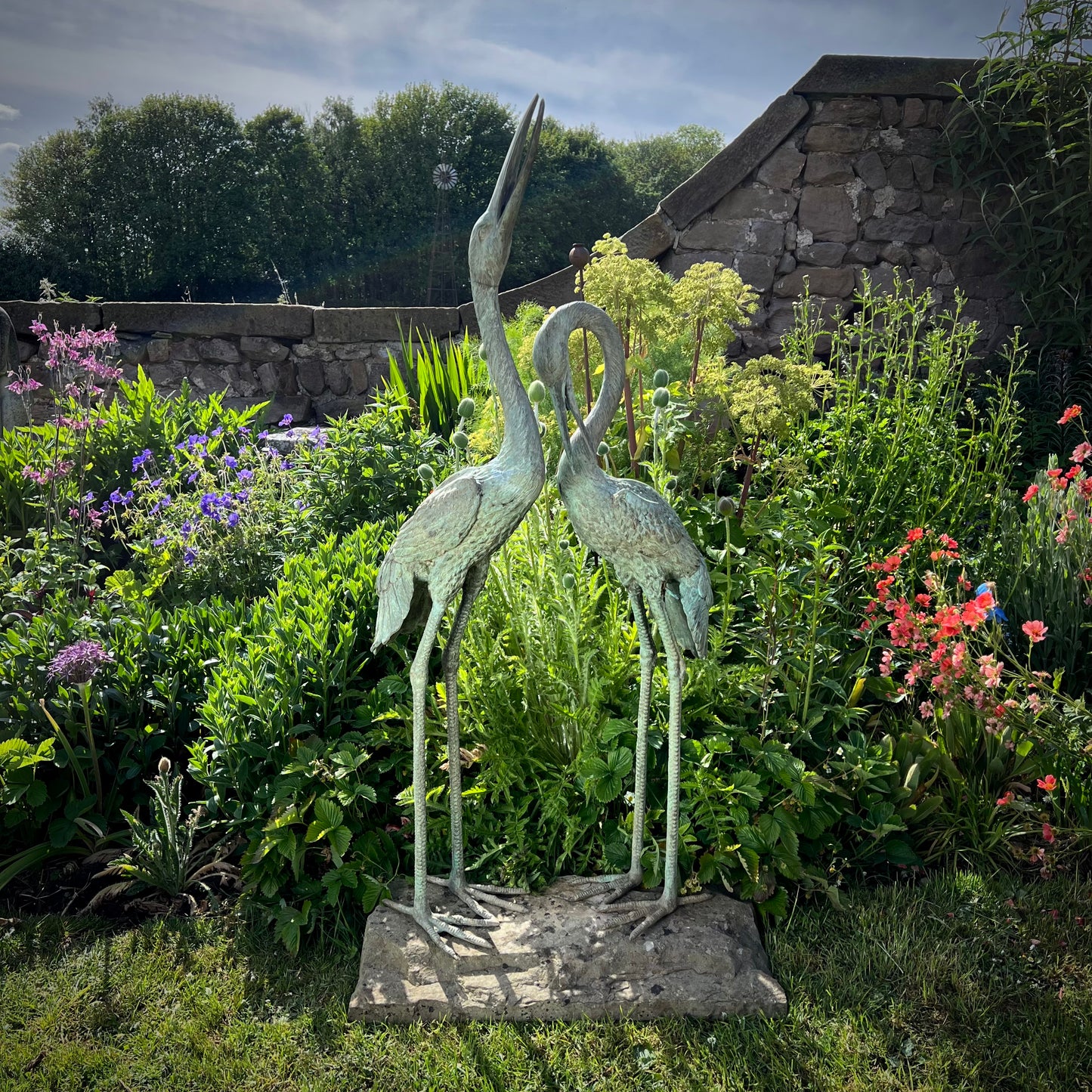 Pair of Meiji Style Bronze Garden Cranes with Fountain Spouts Mid 20th Century