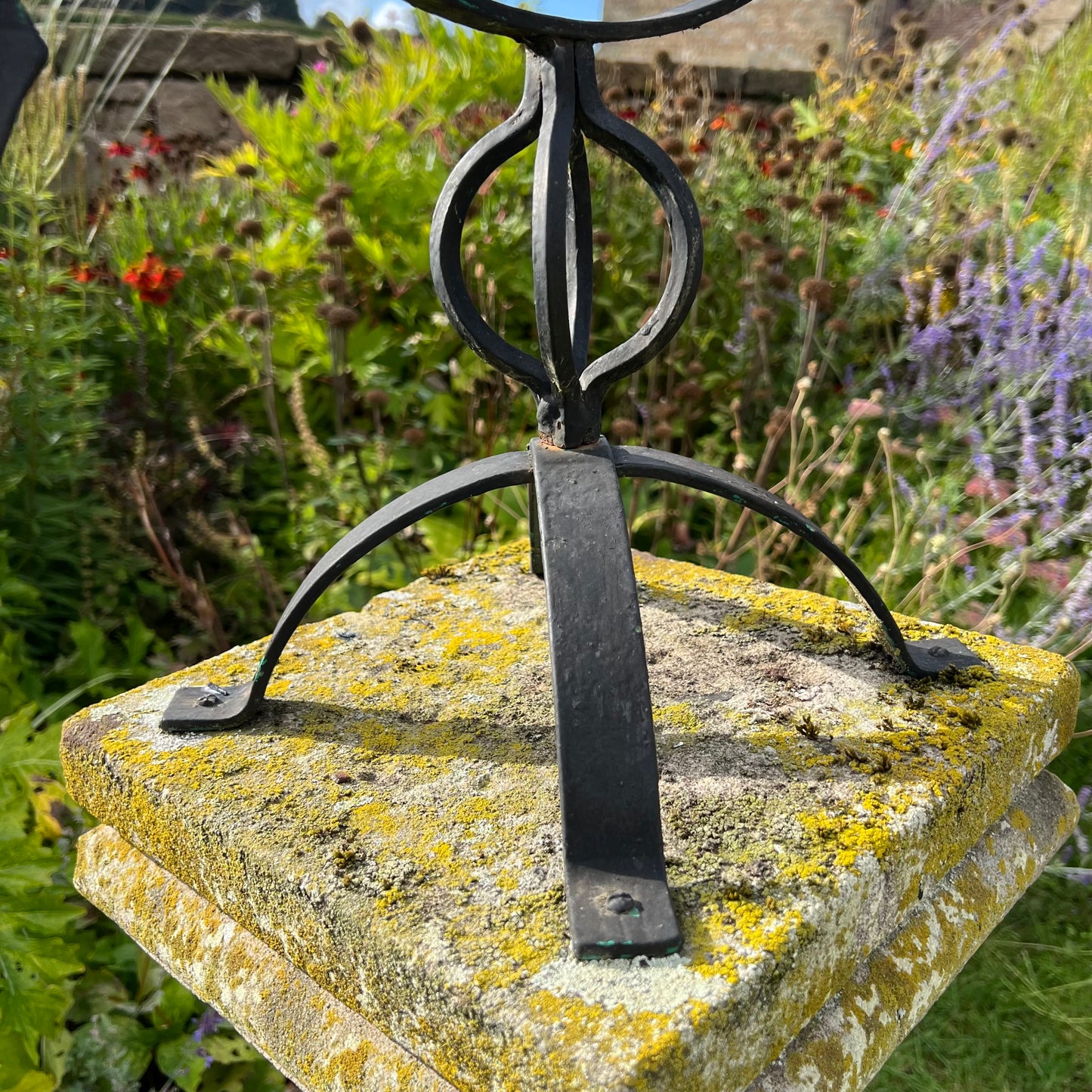 Wrought Iron Armillary Sphere upon English Carved Stone Column
